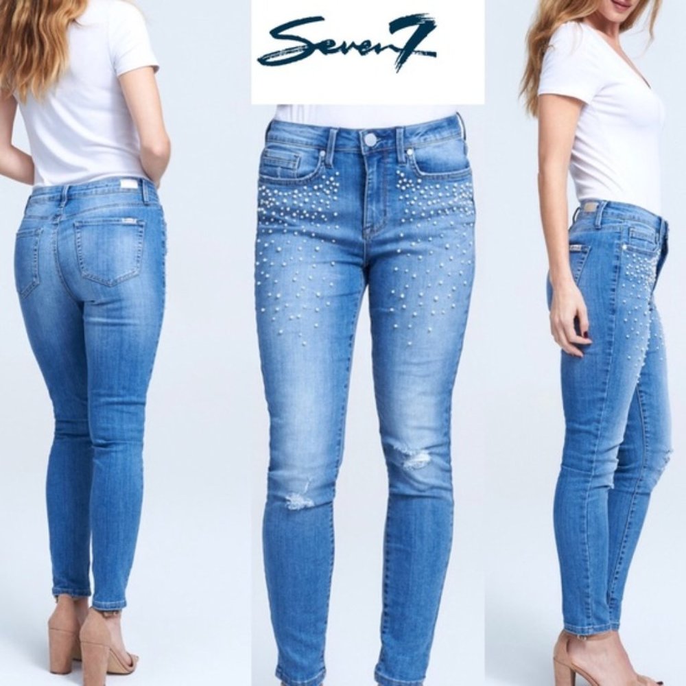 Seven7 Light Blue Skinny Jeans with Pearl Embellishment